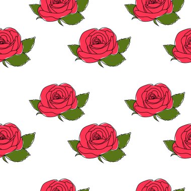 Çiçekli ve yapraklı kusursuz bir doku. Gül arkaplan vektörü illüstrasyonu