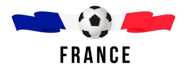 Fransa bayrağının arka planında futbol topu. Ortasında bir futbol topu olan Fransa bayrağı şeklinde bir kurdele. Afiş ve poster için vektör illüstrasyonu. vektör eps10