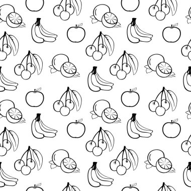 meyve desenleri arka plan muz, elma, limon, kiraz. Kusursuz desen tasarımı