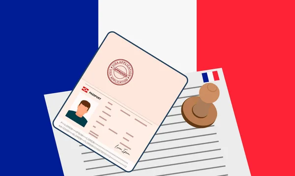フランスビザ 国境を越えるためのビザの承認された文書を持つオープンスタンプパスポート 入国ビザの概念 フランス国旗を背景に ベクターイラスト — ストックベクタ