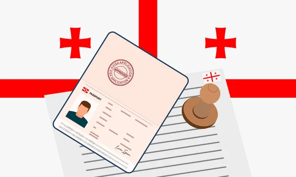 ジョージアビザ 国境を越えるためのビザの承認された文書とスタンプパスポートを開きます 入国ビザの概念 ジョージアの旗を背景に ベクターイラスト — ストックベクタ