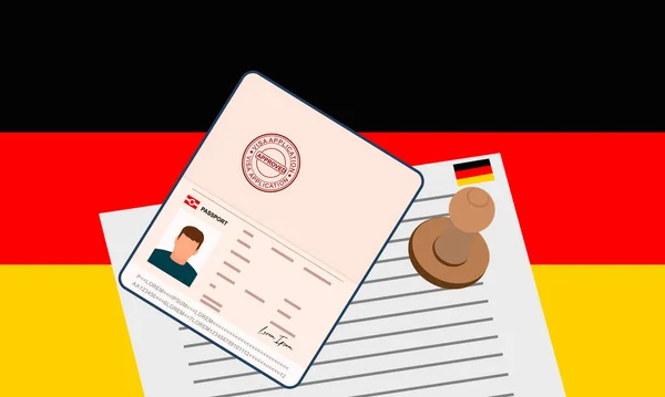 ドイツビザ 国境を越えるためのビザの承認された文書を持つオープンスタンプパスポート 入国ビザの概念 ドイツ国旗を背景に ベクターイラスト — ストックベクタ