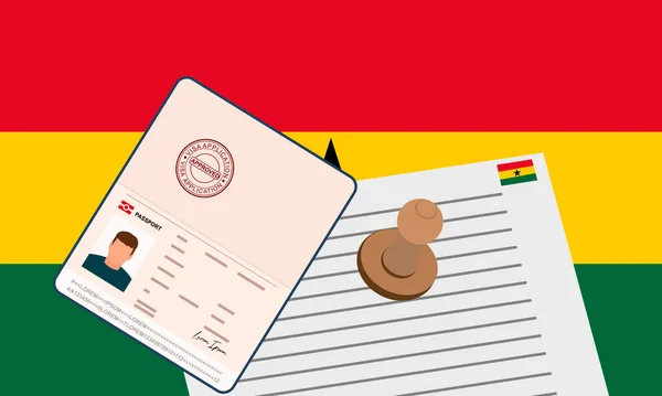 ガーナビザ 国境を越えるためのビザの承認された文書とスタンプパスポートを開きます 入国ビザの概念 ガーナの国旗を背景に ベクターイラスト — ストックベクタ