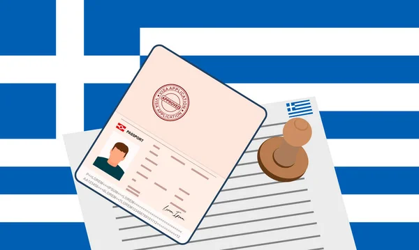 ギリシャビザ 国境を越えるためのビザの承認された文書を持つオープンスタンプパスポート 入国ビザの概念 ギリシャの国旗を背景に ベクターイラスト — ストックベクタ