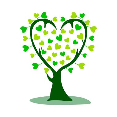 Yeşil aşk ağacı. Kalpteki aşk ağacı yaprakları. vektör illüstrasyonu