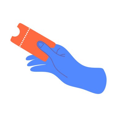 El ele tutuşmak hediye kuponu ikonu. Soyut kağıt biletli silah. Alışveriş, eğlence etkinliği için indirim kartı. Düz vektör çizimi beyaz arkaplanda izole edildi.