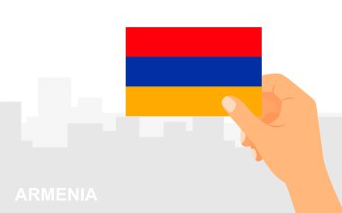  Şehrin arka planında Ermenistan bayrağını asgari düzlükte tutuyor. Vektör illüstrasyonu