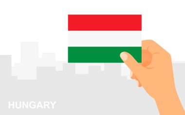  Macaristan bayrağını şehrin arka planında minimal düz bir şekilde tutuyor. Vektör illüstrasyonu