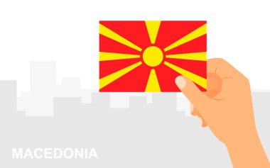  Makedonya bayrağını kentin arka planında asgari düzlükte tutuyor. Vektör illüstrasyonu