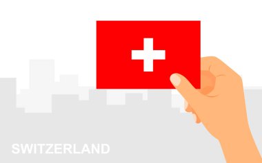  İsviçre bayrağını şehrin arka planında minimal düz bir şekilde tutuyor. Vektör illüstrasyonu