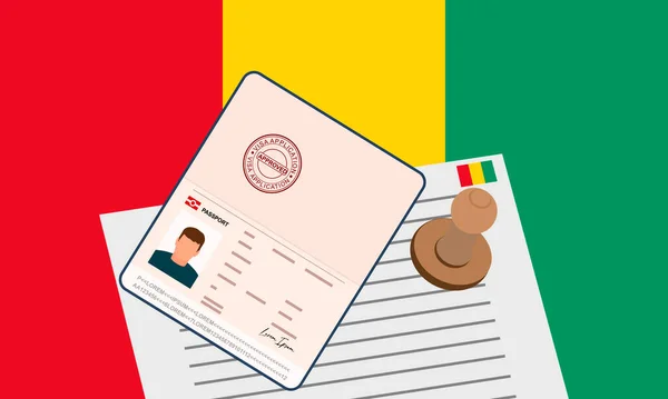 ギニアビザ 国境を越えるためのビザの承認された文書とスタンプパスポートを開きます 入国ビザの概念 ギニアの国旗を背景に ベクターイラスト — ストックベクタ