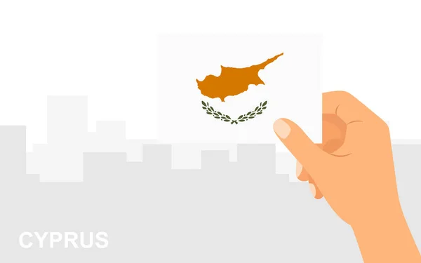Hand Houden Van Vlag Van Cyprus Achtergrond Van Stad Een — Stockvector