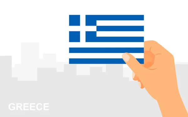 Hand Houden Van Vlag Van Griekenland Achtergrond Van Stad Een — Stockvector