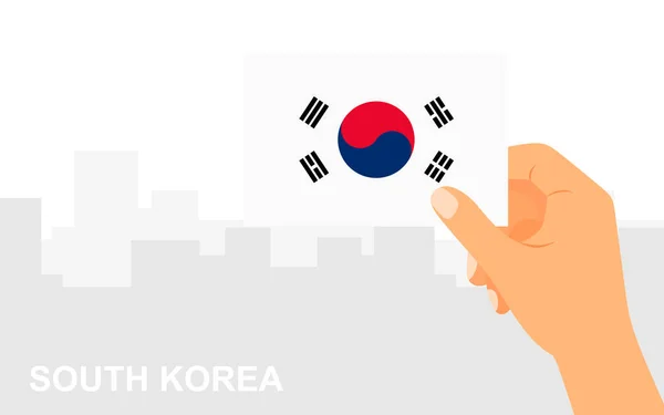 Ручний Тримає Прапор Південної Кореї Задньому Плані Міста Мінімальному Пласкому — стоковий вектор