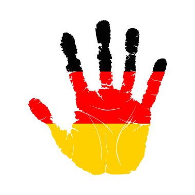 Almanya bayrağıyla el yazısı. Alman bayrağı taşıyan el izi. Beyaz Arkaplanda Alman Bayrağında Grunge Emaneti El. Vektör illüstrasyonu