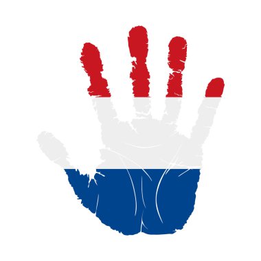 Hollanda bayrağıyla el yazısı var. Hollanda bayrağını taşıyan el izi. Beyaz Arkaplanda Hollanda Bayrağında Grunge Emaneti El. Vektör illüstrasyonu