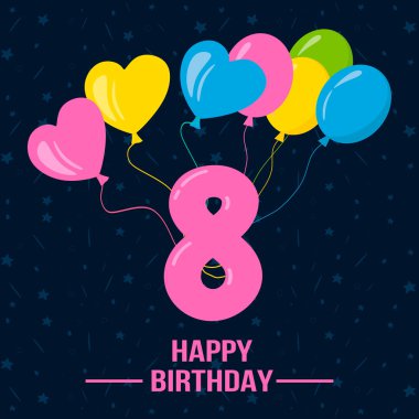 eight  years happy birthday card with balloons.  