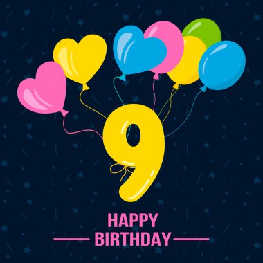 nine  years happy birthday card with balloons.  