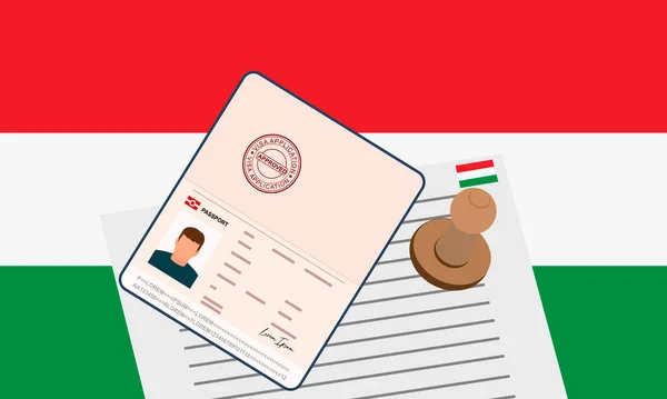 ハンガリービザ 国境を越えるためのビザが承認された文書でスタンプパスポートを開きます 入国ビザの概念 ハンガリー国旗を背景に ベクターイラスト — ストックベクタ
