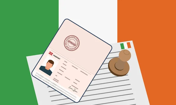 アイルランドビザ 国境を越えるためのビザの承認された文書を持つオープンスタンプパスポート 入国ビザの概念 アイルランドの国旗を背景に ベクターイラスト — ストックベクタ