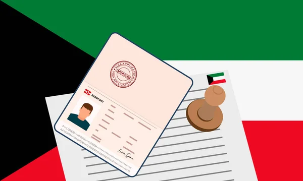 クウェートビザ 国境を越えるためのビザの承認された文書とスタンプパスポートを開きます 入国ビザの概念 クウェートの国旗を背景に ベクターイラスト — ストックベクタ
