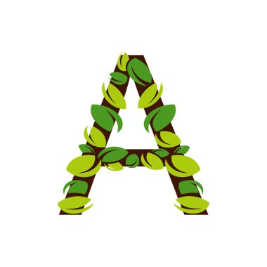  Beyaz arka planda yeşil yapraklardan yapılmış A harfi. A harfi şeklinde izole edilmiş ağaç yeşil yapraklı vektör illüstrasyonlu
