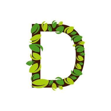 Beyaz arka planda yeşil yapraklardan yapılmış D harfi. D harfi şeklinde izole edilmiş ağaç yeşil yapraklı vektör illüstrasyonlu.