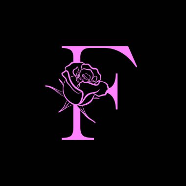  Güzellik ve moda logosu için Rose Flower 'ın F harfli logosu. Sembol olarak pembe renkli gül çiçeği. vektör eps10