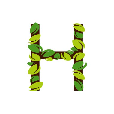 Beyaz arka planda yeşil yapraklardan yapılmış H harfi. Yeşil yapraklı vektör illüstrasyonlu H harfi şeklinde izole edilmiş ağaç