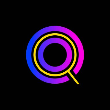 İçinde Q olan O harfi logosu. Vektör çizgileri simgesi. Çoklu renk etiketleri, uzay baskısı, gece hayatı posterleri vs. için mükemmel yazı tipi