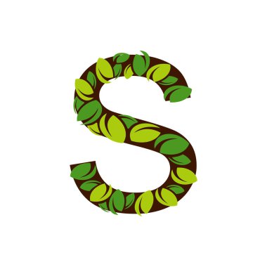 Beyaz arka planda yeşil yapraklardan yapılmış S harfi. S harfi şeklindeki izole ağaç yeşil yapraklı vektör çizimi ile
