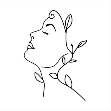 Line art Flower head. Line drawing of a woman's head. Abstract minimal elegant female portrait. Beauty salon logo. Symbol of natural cosmetics.