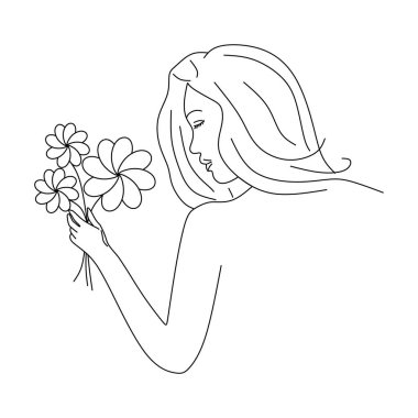  line art Girl holding flowers in her hand. Elegant Drawing Woman holding a bouquet of flowers minimalist line style. Fashion illustration for cosmetics. Fashion print.