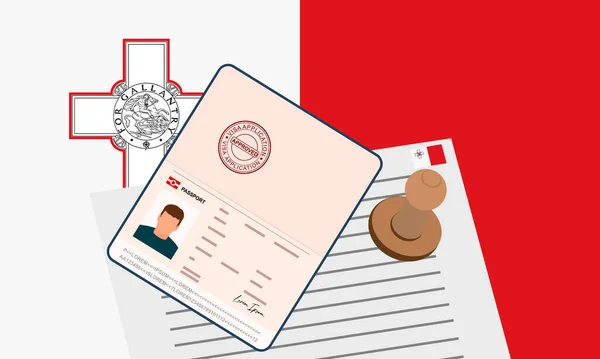 マルタビザ 国境を越えるためのビザの承認された文書とスタンプパスポートを開きます 入国ビザの概念 マルタ旗を背景に ベクターイラスト — ストックベクタ