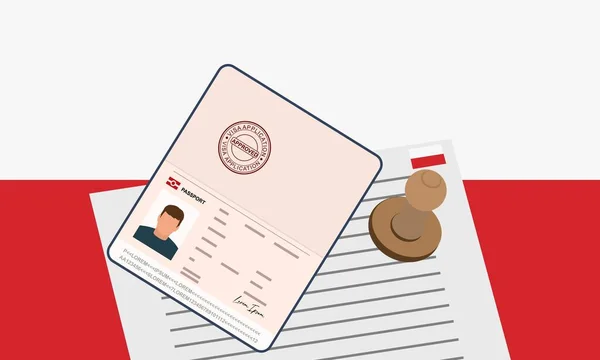 Poland Visa Open Stamped Passport Visa Approved Document Border Crossing — ストックベクタ