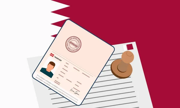 カタールビザ 国境を越えるためのビザの承認された文書とスタンプパスポートを開きます 入国ビザの概念 カタールの国旗を背景に ベクターイラスト — ストックベクタ