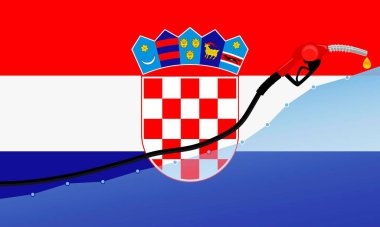  Hırvatistan 'da benzin fiyatları kavramında artış. Benzin pompası hortumu ve Hırvatistan 'ın bayrak arka planında yağ damlası. vektör illüstrasyonu