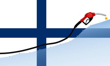  Finlandiya 'da benzin fiyatlarında artış. Benzin pompası, Finlandiya 'nın bayraklı arka planında yağ damlatıcısı. vektör illüstrasyonu
