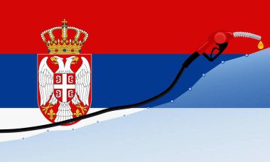  Sırbistan 'da benzin fiyatları kavramında artış. Sırbistan 'ın bayraklı arka planında petrol damlaları olan benzin pompası. vektör illüstrasyonu