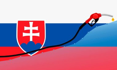  Slovakya 'da benzin fiyatlarında artış. Benzin pompası, Slovakya bayrak arka planında yağ damlası olan bir hortum. vektör illüstrasyonu