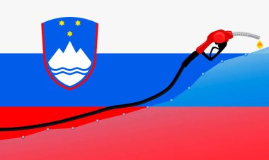  Slovenya 'da benzin fiyatlarında artış. Benzin pompası başlığı ve Slovenya bayrağının arka planında yağ damlası. vektör illüstrasyonu