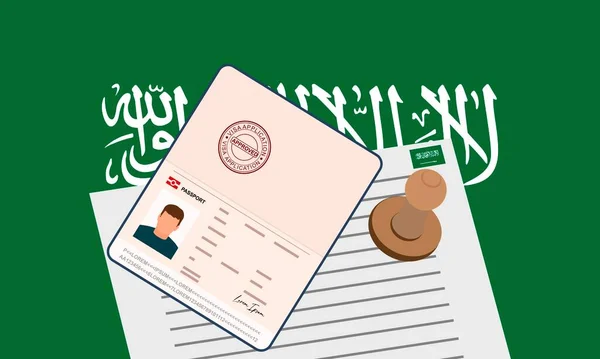  Suudi Arabistan vizesi, sınırdan geçmek için vize onaylı vizeli açık pasaport. Göçmen vizesi konsepti. Suudi Arabistan bayrağıyla arka plan. vektör illüstrasyonu