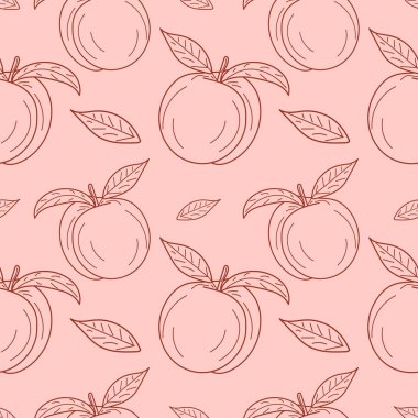 Doğrusal olarak şeftali desenli kusursuz desen. Elle çizilmiş kayısı deseni. Vektör illüstrasyonu