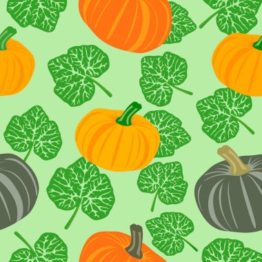Kusursuz desenli balkabağı ve yapraklar. Renkli düz bir tarzda kusursuz balkabağı deseni. Renkli kabaklar ve yapraklar Vektör illüstrasyonuName