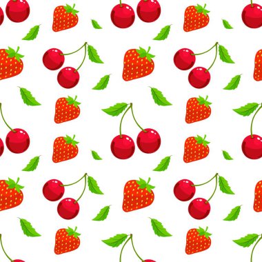 Beyaz arka planda kusursuz desenli çilek ve kiraz. Meyvelerde pürüzsüz bir desen. Kiraz ve çilek arkaplanı. vektör eps10