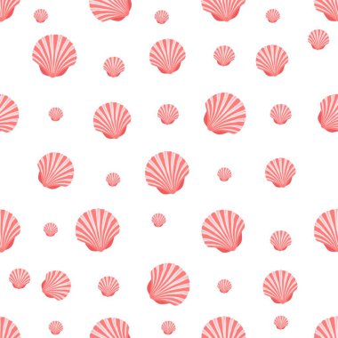 Beyaz arka planda deniz kabuğu kabukları olan kusursuz bir desen. Deniz tarağı çizimi. Deniz kabuğu deniz tarağı arka plan, vektör