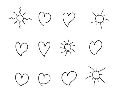 set of vector doodle hearts and suns icons for your design