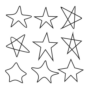 Set of black hand drawn doodle stars isolated on white background