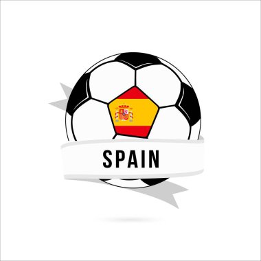 Soccer ball minimal design with Spain flag. Flag of Spain in a soccer ball with the text Spain on the ribbon. Vector illustration eps10