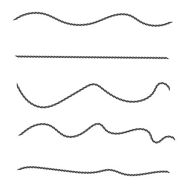 Straight and wavy rope, black monochrome silhouette. Flat vector illustration isolated on white background